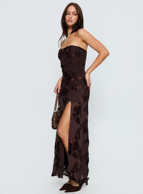 Maribeth trägerloses Maxikleid mit Blumenmuster Schokobraun