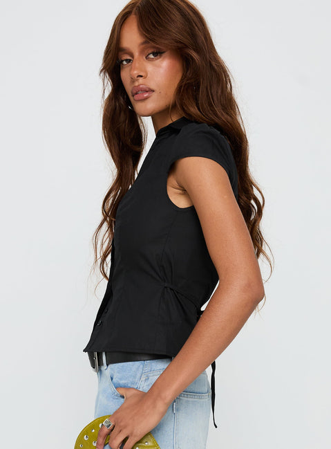side view of model wearing Princess Polly Arianwyn Short Sleeve Shirt Black Short Sleeves V-Neck 