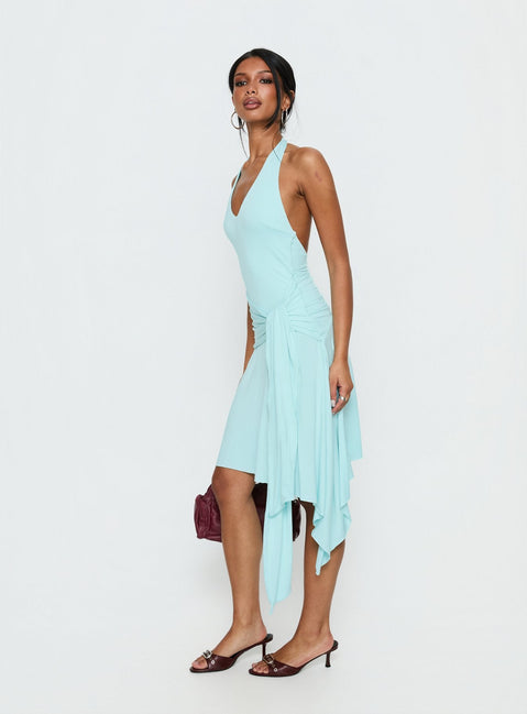 Moonlit Honey Asymmetrisches Neckholder-Jersey-Midikleid Türkis