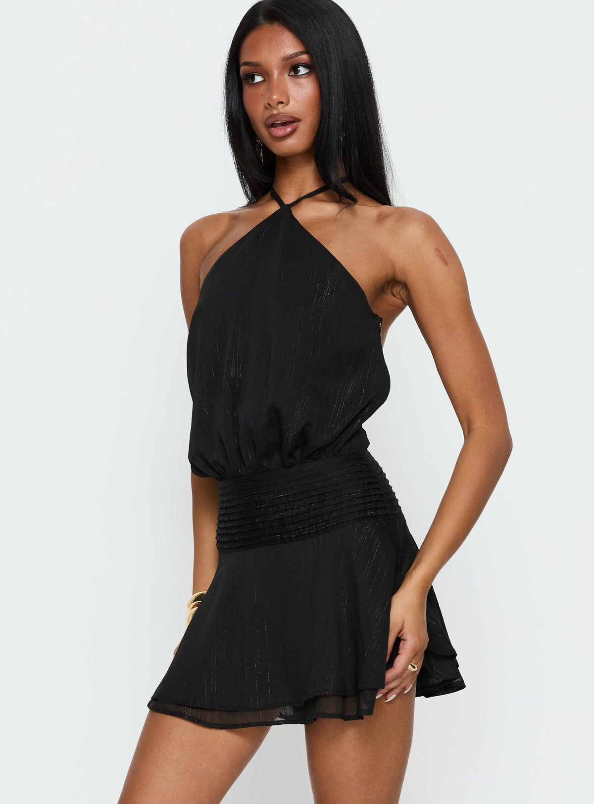 Rozario Chiffon Neckholder Minikleid Schwarz / Silber