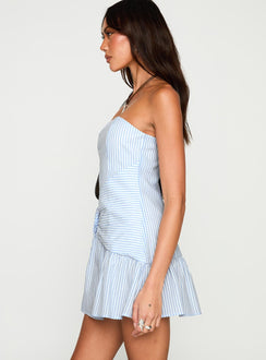 side view of model wearing Princess Polly Archetype Strapless Mini Dress Blue Stripe Straight Neck 