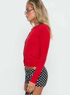 side view of model wearing Princess Polly Lauraine Cardigan Red cropped Jumpers 