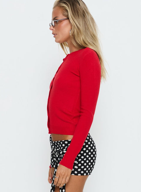 side view of model wearing Princess Polly Lauraine Cardigan Red cropped Jumpers 