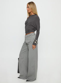 side view of model wearing Princess Polly Incognito Low Rise Wide Leg Cargo Jeans Grey Low Rise Jeans 