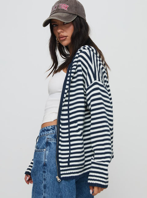 side view of model wearing Princess Polly Brienna Zip Jacket Navy Long 
