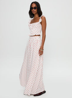   side view of model wearing Princess Polly Valerio Maxi Skirt White / Red Maxi 