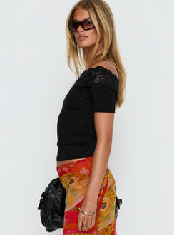 Breiann Off-Shoulder-Kurzarm-Top aus Spitze, Schwarz