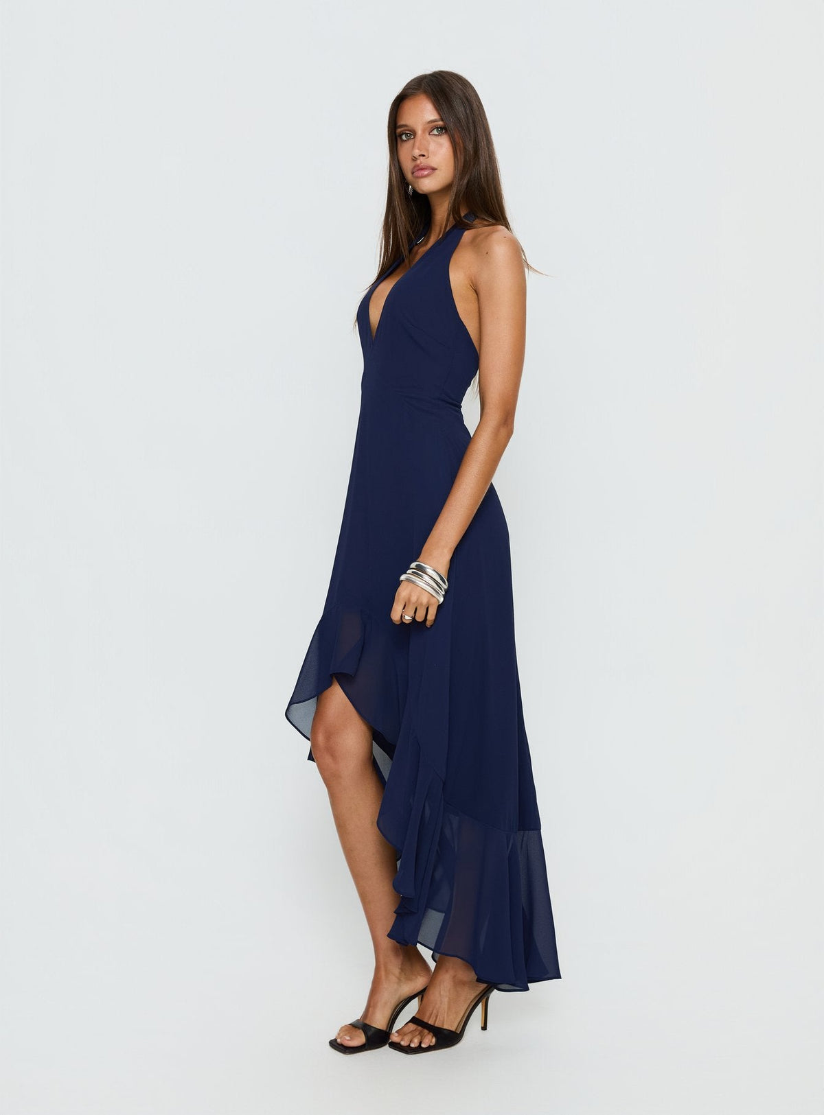 Agata Halter Neck Maxikleid mit Rüschen Navy