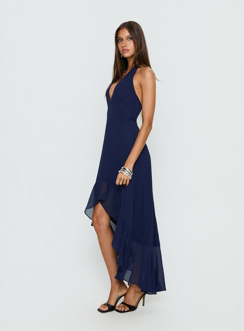 Agata Halter Neck Maxikleid mit Rüschen Navy