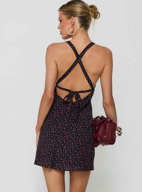 Rosabelle Halter-Satin-Minikleid Marineblau / Rot geblümt