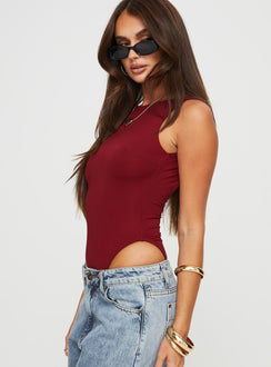side view of model wearing Princess Polly Beresford Bodysuit Wine Sleeveless 