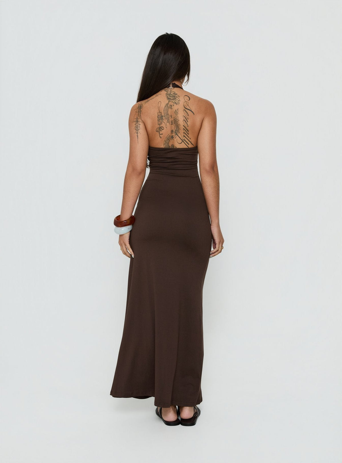 Cadira gerafftes Neckholder Maxikleid Schokobraun