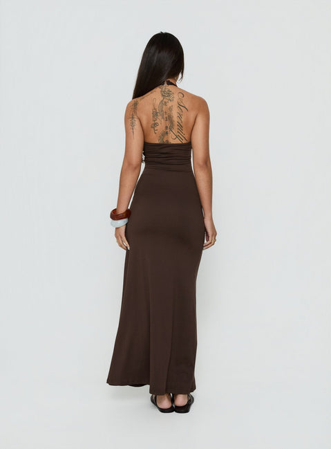 Cadira gerafftes Neckholder Maxikleid Schokobraun