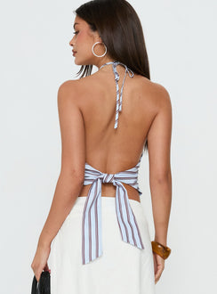 Idiana Halter Neck Oberteil mit Schlüsselloch-Ausschnitt, blau gestreift