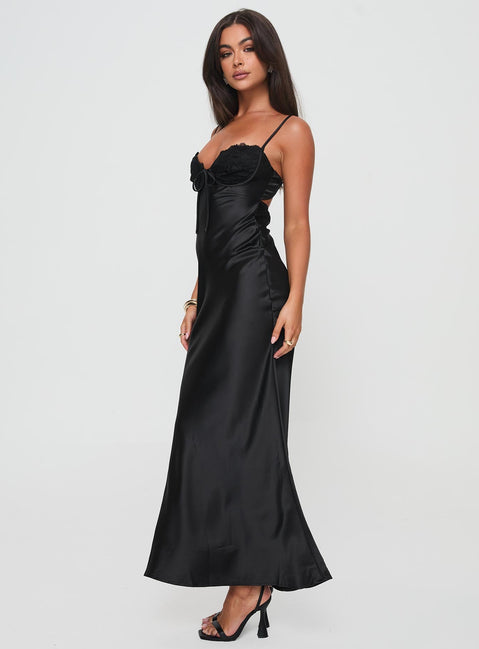 side view of model wearing Princess Polly Fadyen Bias Cut Maxi Dress Black Sweetheart Neckline 