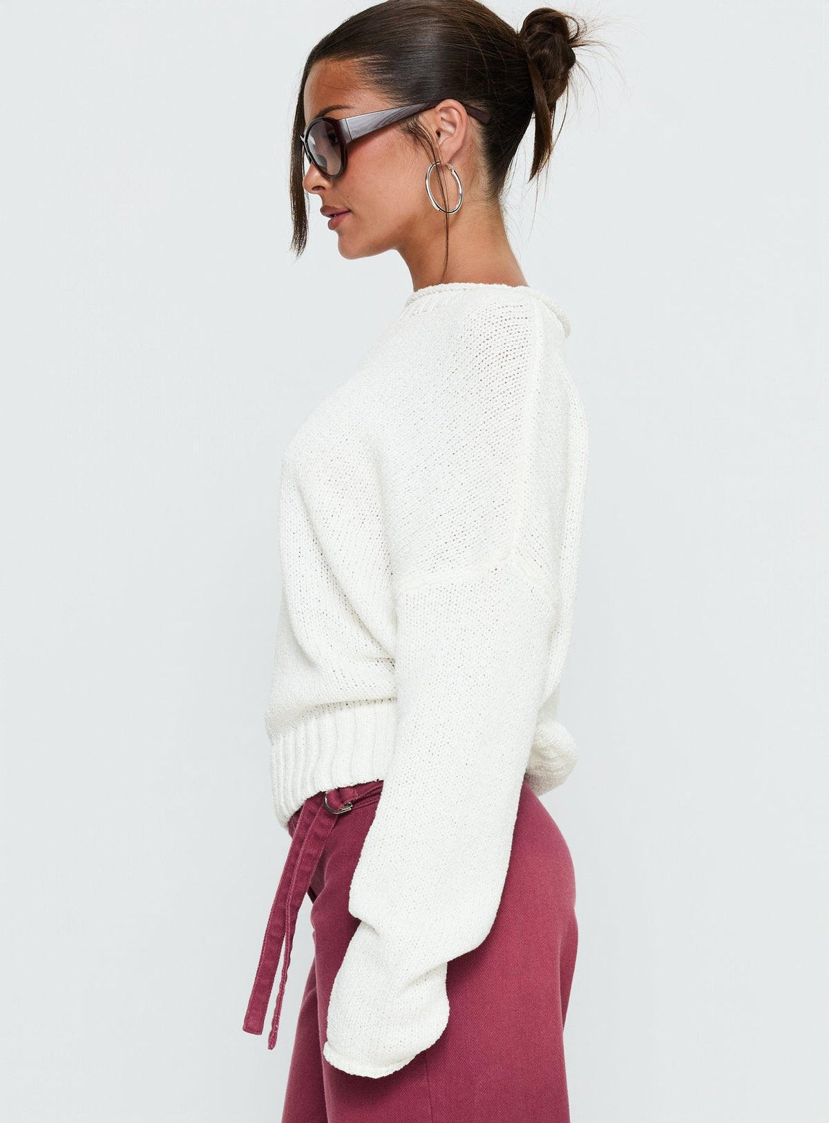 side view of model wearing Princess Polly Reannon Wide Neck Knit Sweater White 