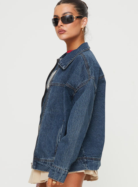 Denim bomber jacket Pointed collar, zip fastening down front, twin hip pockets, single button cuff