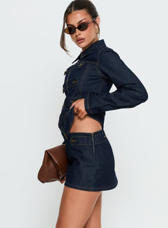   side view of model wearing Princess Polly Cristen Cadet Denim Mini Skirt Indigo Mini Skirts 