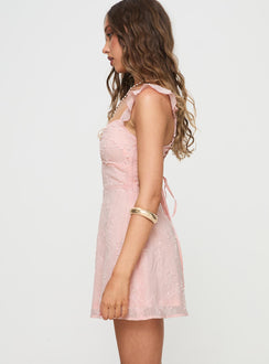 side view of model wearing Princess Polly Landon Mini Dress Pink Sweetheart Neckline 
