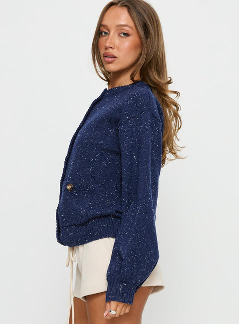 side view of model wearing Princess Polly Dorah Boxy Cardigan Navy Blue 