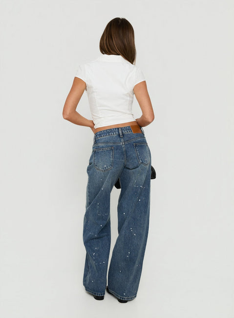 Featuring the Ellanor Low Rise Paint Straight Leg Jean Vintage Mid Blue in womens-jeans with low-rise waist back view of model wearing Princess Polly