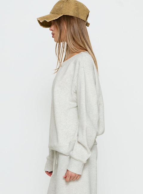 side view of model wearing Princess Polly Wellness Off the Shoulder Jumper Grey Marle Jumpers 