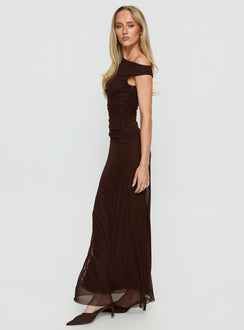 Krystyna Off-Shoulder Maxikleid mit Raffung Schokobraun