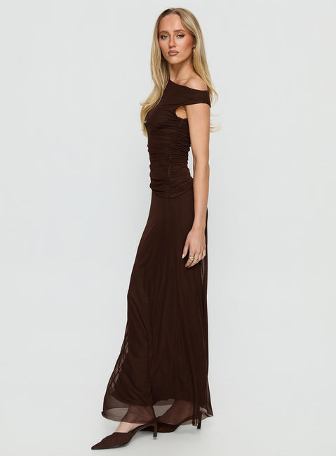 Krystyna Off-Shoulder Maxikleid mit Raffung Schokobraun