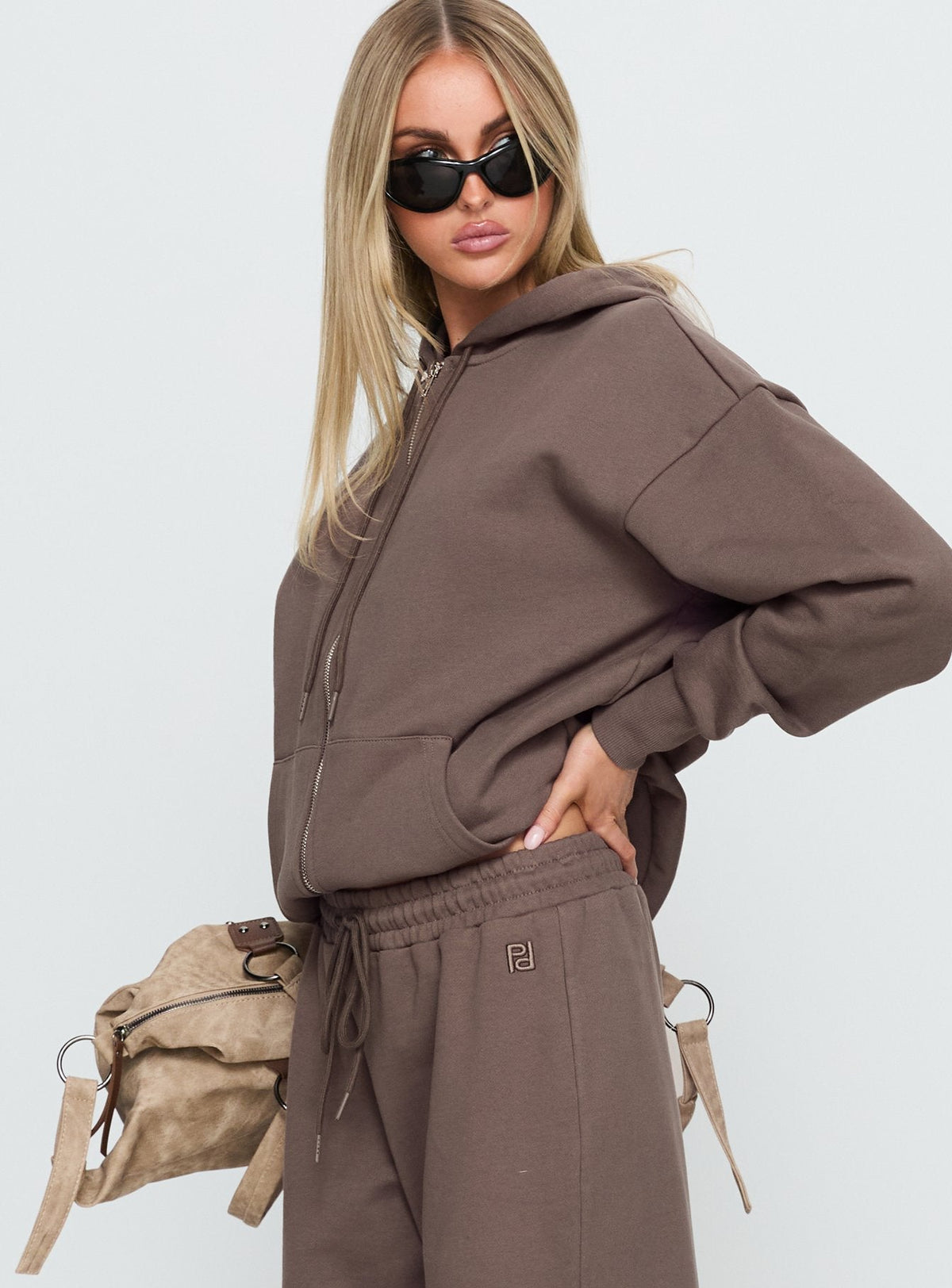 Presenting the All Day Oversized Hoodie Mocha womens jumpers with short length side view of model wearing Princess Polly