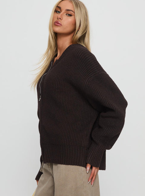 side view of model wearing Princess Polly Lexene Zip Through Jumper Chocolate Longline Jumpers 