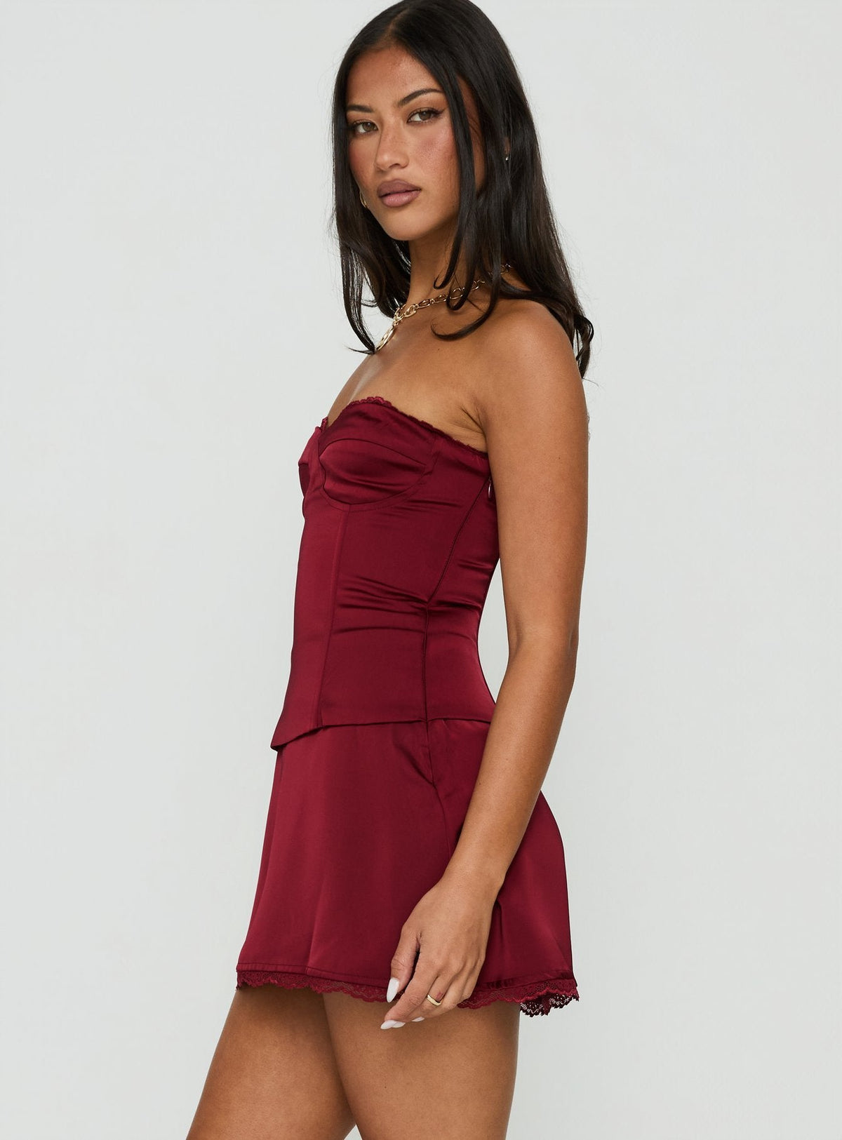 Jazzy trägerloser Korsett-Jumpsuit Bordeauxrot