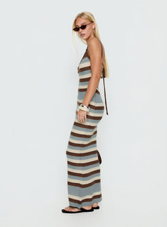 Leylana Scoop Strick Maxikleid Blau / Braun gestreift