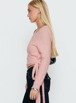 side view of model wearing Princess Polly Tonee Wrap Knit Cardigan Pink cropped Jumpers 