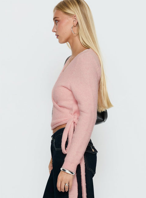 side view of model wearing Princess Polly Tonee Wrap Knit Cardigan Pink cropped Jumpers 