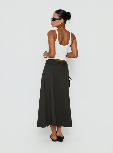 Displaying the True Visions Belted Maxi Skirt Charcoal womens-skirts in dark olive green maxi length back view of model wearing Princess Polly