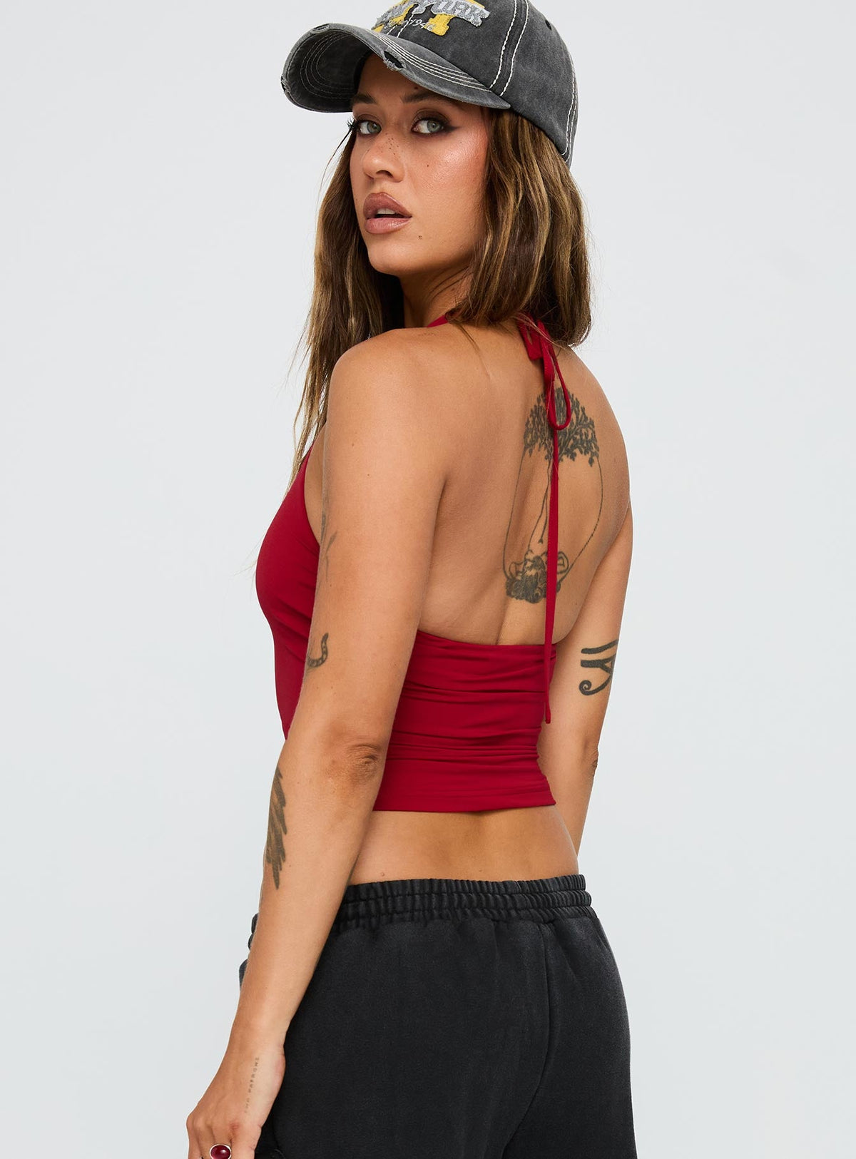 back view of model wearing Princess Polly Ezekiel Nylon Top Red Sleeveless Scoop Neck 