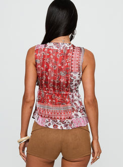 back view of model wearing Princess Polly Lovely Bunch Top Multi Sleeveless Plunger 