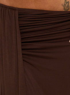 Highlighting the Keerah Ruched Maxi Skirt Brown womens-skirts with maxi length detail Princess Polly
