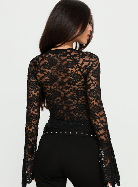 Karmel Lace Langarm-Oberteil Schwarz