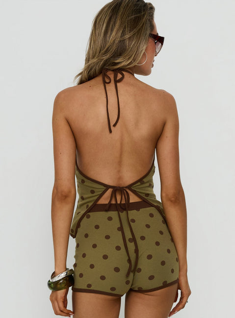 Speranza High-Neck-Neckholder-Top mit grünen Polka Dots