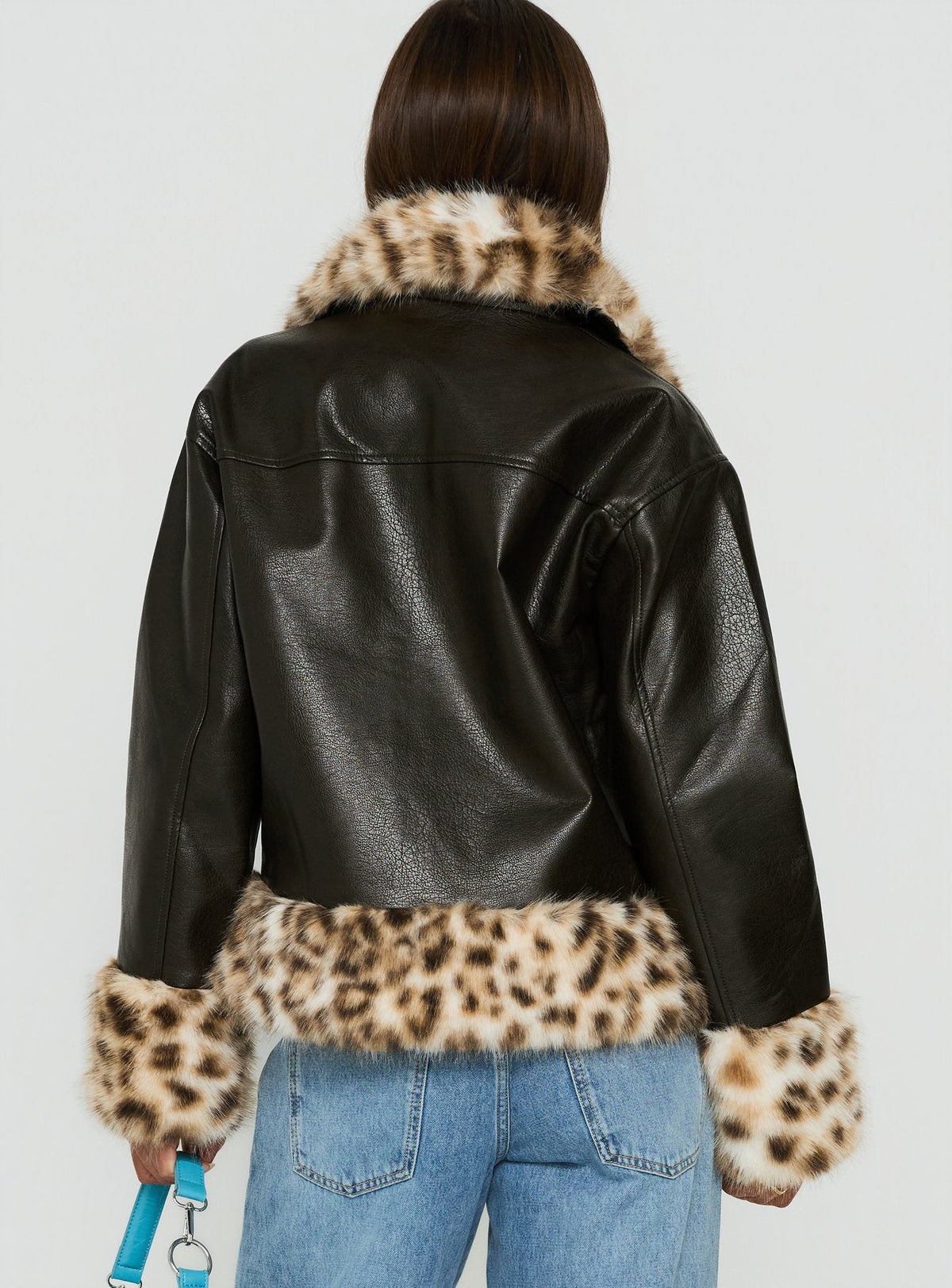 Stevvie Jacke mit Kunstpelzbesatz Schwarz / Leopard