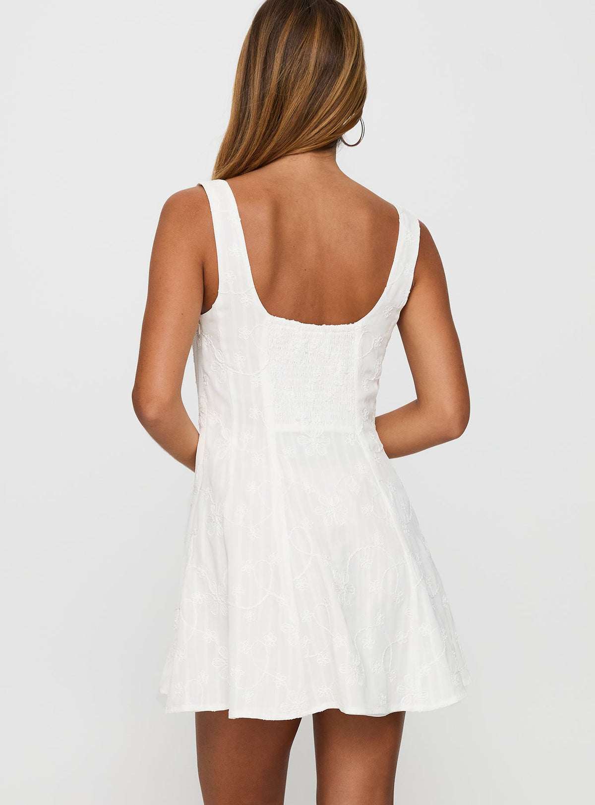 back view of model wearing Princess Polly You Can Embroidered Mini Dress White Square Neck 