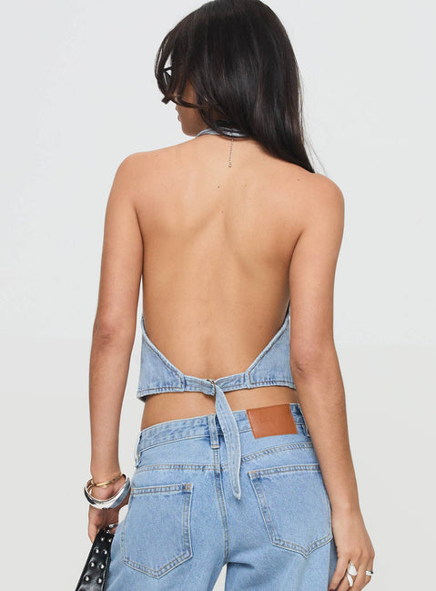 back view of model wearing Princess Polly Je Suis Halter Top Light Wash Sleeveless V-Neck 