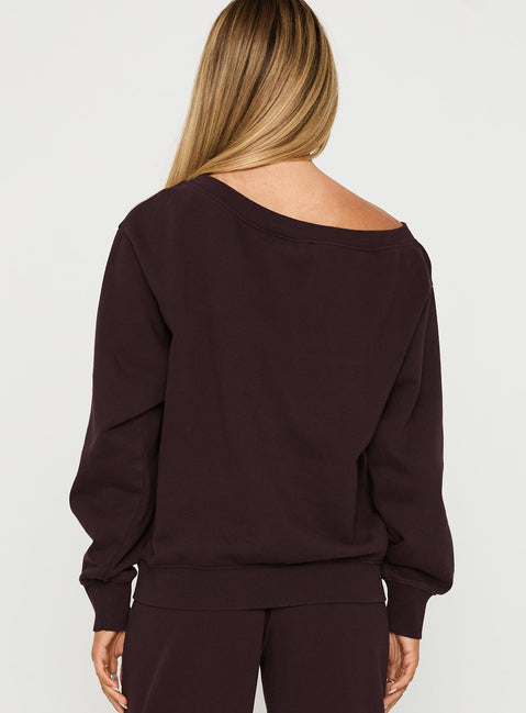 Presenting the Wellness Off The Shoulder Jumper Brown in women's jumpers with boat neckline back view of model wearing Princess Polly