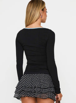 back view of model wearing Princess Polly Double Back Floral Cut Out Long Sleeve Top Black Full Sleeves Scoop Neck 