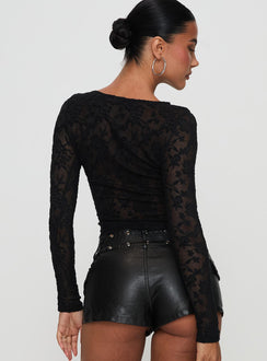 back view of model wearing Princess Polly Martine Sheer Top Black Full Sleeves High Neck 