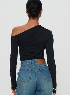 back view of model wearing Princess Polly Antilles One Shoulder Bodysuit Black Long Sleeve Tops Bodysuit 