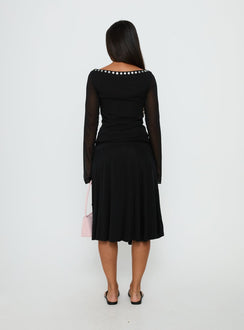 back view of model wearing Princess Polly Joaney Tie Side Jersey Midi Skirt Black Midi Skirts Skirts 
