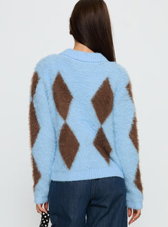 back view of model wearing Princess Polly Lynnsey Fluffy Collared Knit Sweater Blue Argyle Cropped 