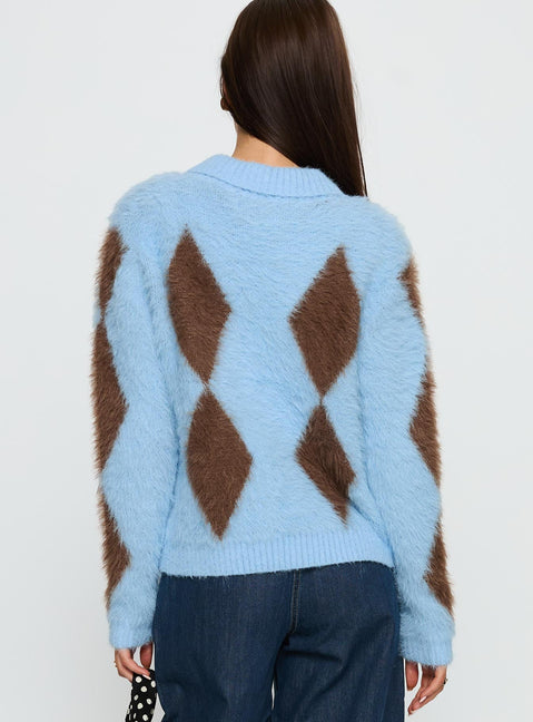 back view of model wearing Princess Polly Lynnsey Fluffy Collared Knit Sweater Blue Argyle Cropped 